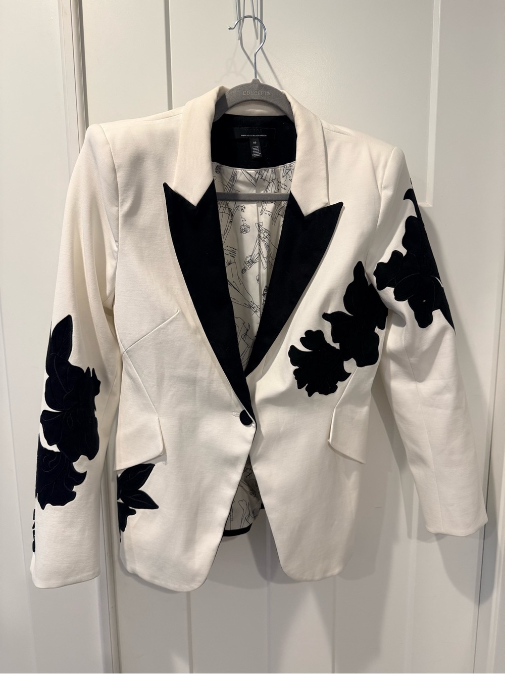 White House Black Market White Blazer with Black Floral Appliqué